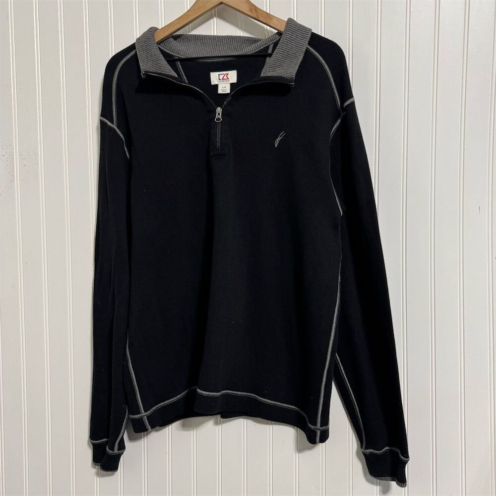 Cutter & Buck‎ L Black Cotton Quarter Zip Pullover Sweater Contrast Stitch Golf